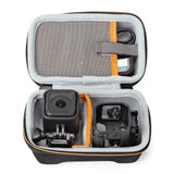 Open case interior with molded slots for action camera and mounts, gray lining