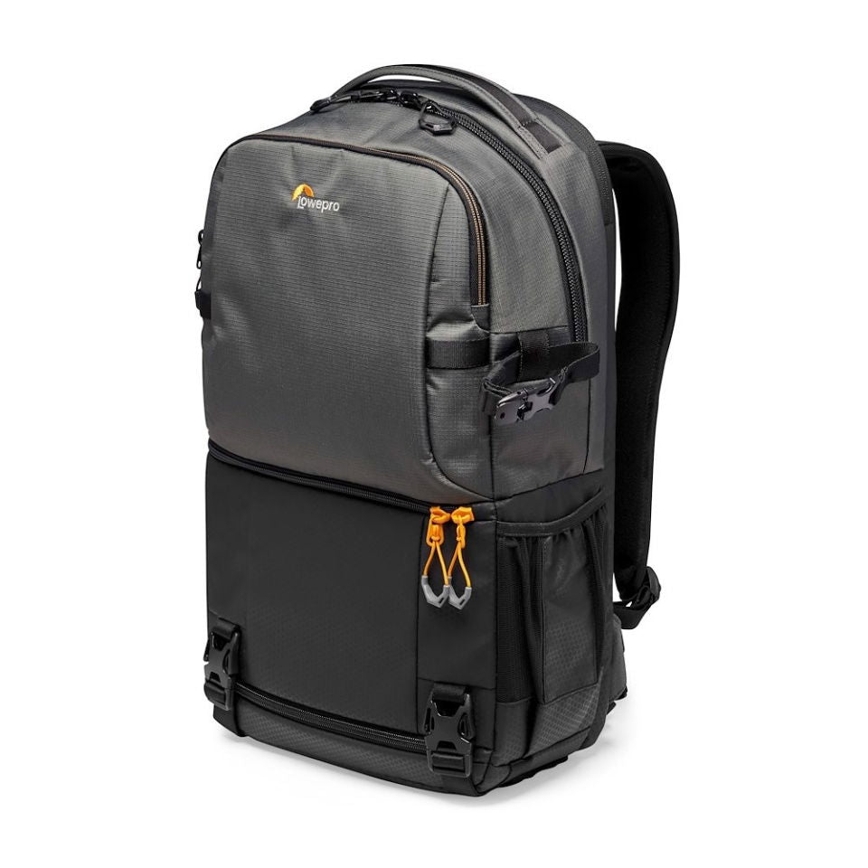 Gray photo backpack with front zipper pocket and orange pull cords