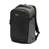 Gray camera backpack with front zip pocket and padded top handle