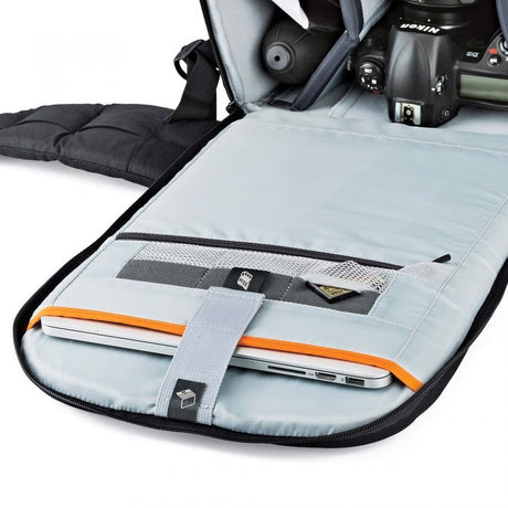 Photo backpack interior open, light gray sleeve and zip organizer with orange trim