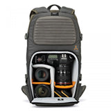 Olive photo backpack with open interior, camera and lens dividers with orange accents