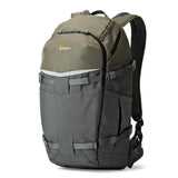 Olive camera backpack with side pocket straps and contoured shoulder straps