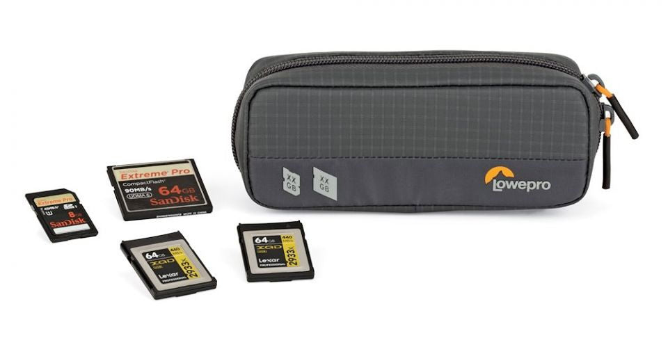 Organizer carduri gri cu fermoar, împreună cu carduri microSD