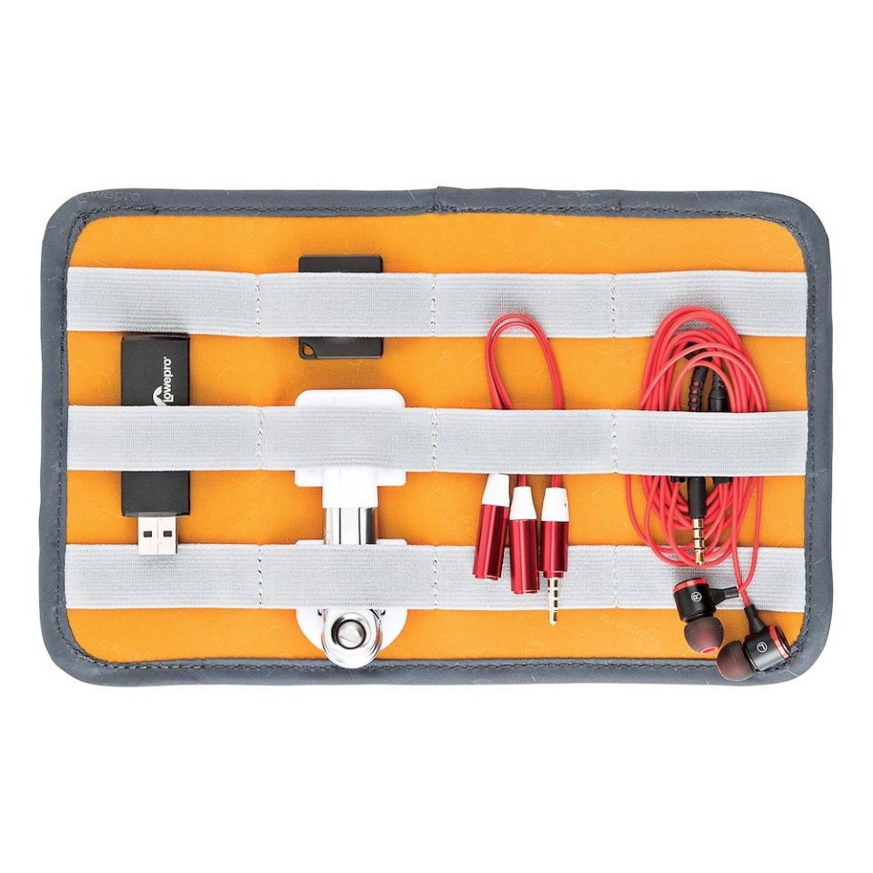 GearUp L cable organizer opened interior with orange lining, cable holders and ports