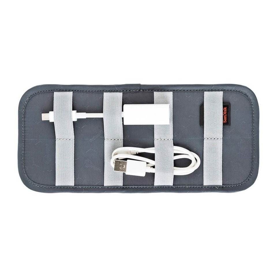 Organizator cabluri, compartiment interior cu cablu USB și bretele, gri și negru