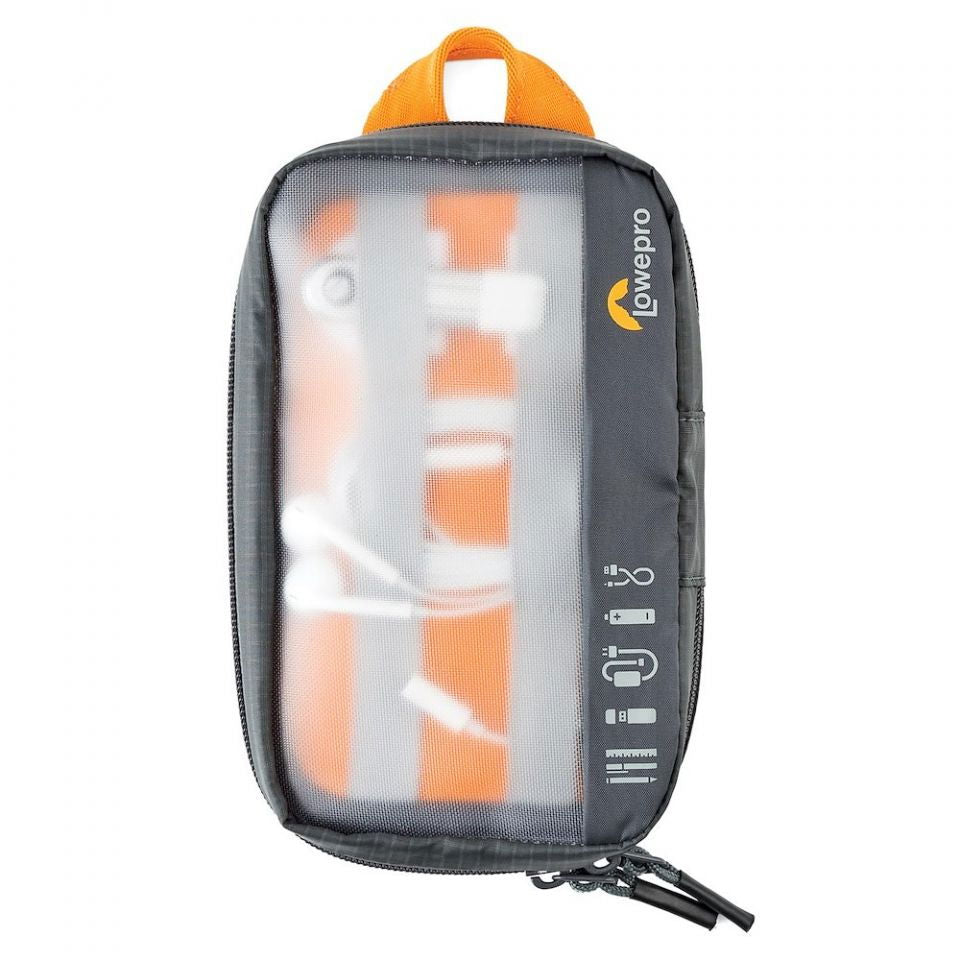 GearUp S cable organizer pouch, dark gray with orange handle, zipper top