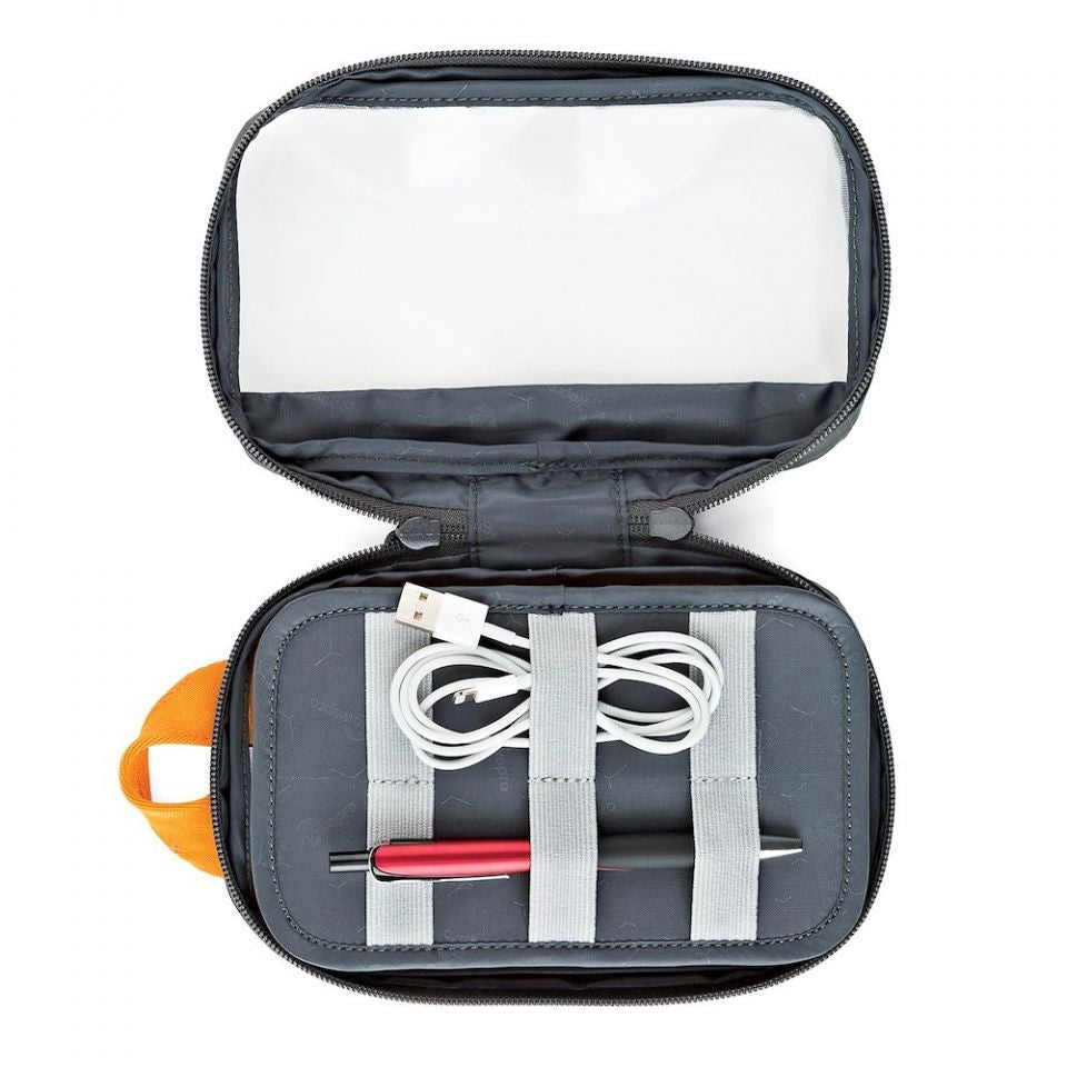 GearUp S pouch opened: gray straps hold white cable cords and a pink USB device
