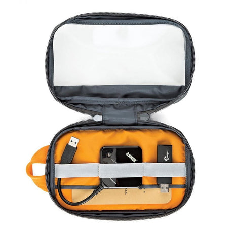 GearUp S pouch interior: orange lining with cables, power bank, and USB adapters
