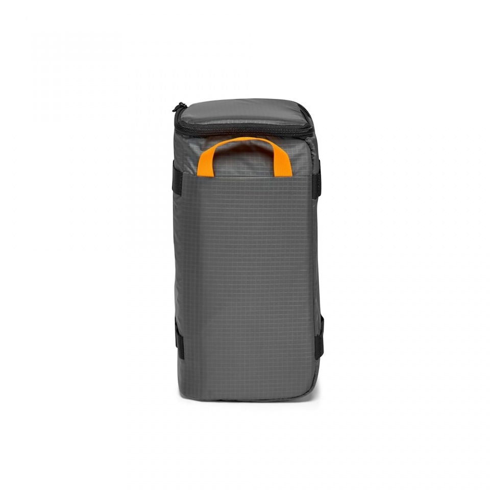 Camera lens case with orange carry handle, dark gray fabric and top zipper closure