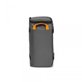 Camera lens case with orange carry handle, dark gray fabric and top zipper closure