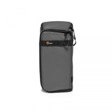 Camera lens case in dark gray with top zipper, front logo patch, and carry strap