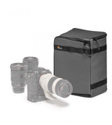 Dark gray photo gear case with top zipper, holds camera and large lens kit