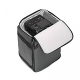 Open dark gray case with white inner panel, holding a camera and accessories