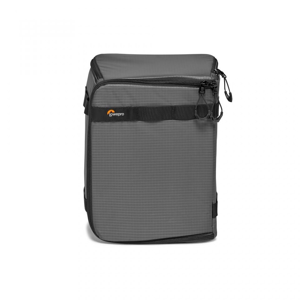 Closed dark gray camera bag with front zipper, straps, and hanging attachment loop