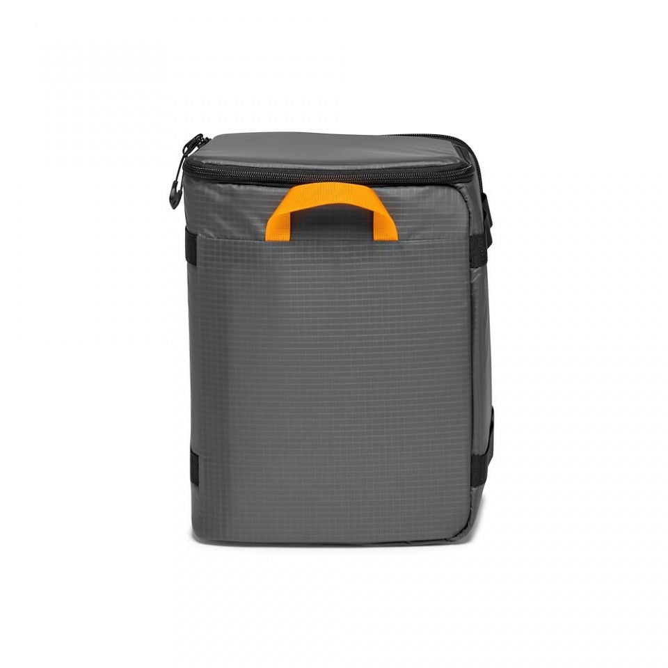 Dark gray camera storage case with orange top carry handle and zip closure