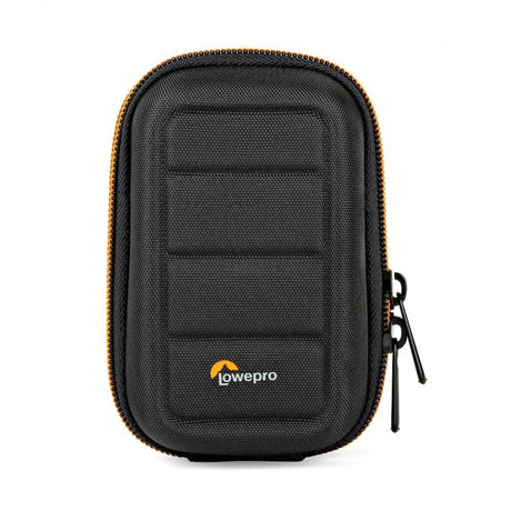 husă dură neagră GoPro cu fermoar portocaliu și logo pe panoul frontal