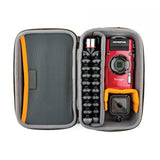 Open gray-lined case with compartments and elastic straps for action cameras and accessories