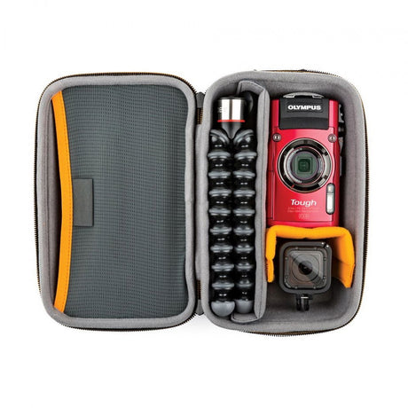Open gray-lined case with compartments and elastic straps for action cameras and accessories