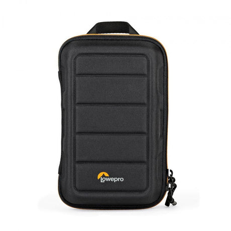 Black hard-shell camera case back with padded panels, orange zipper trim, hanging loop