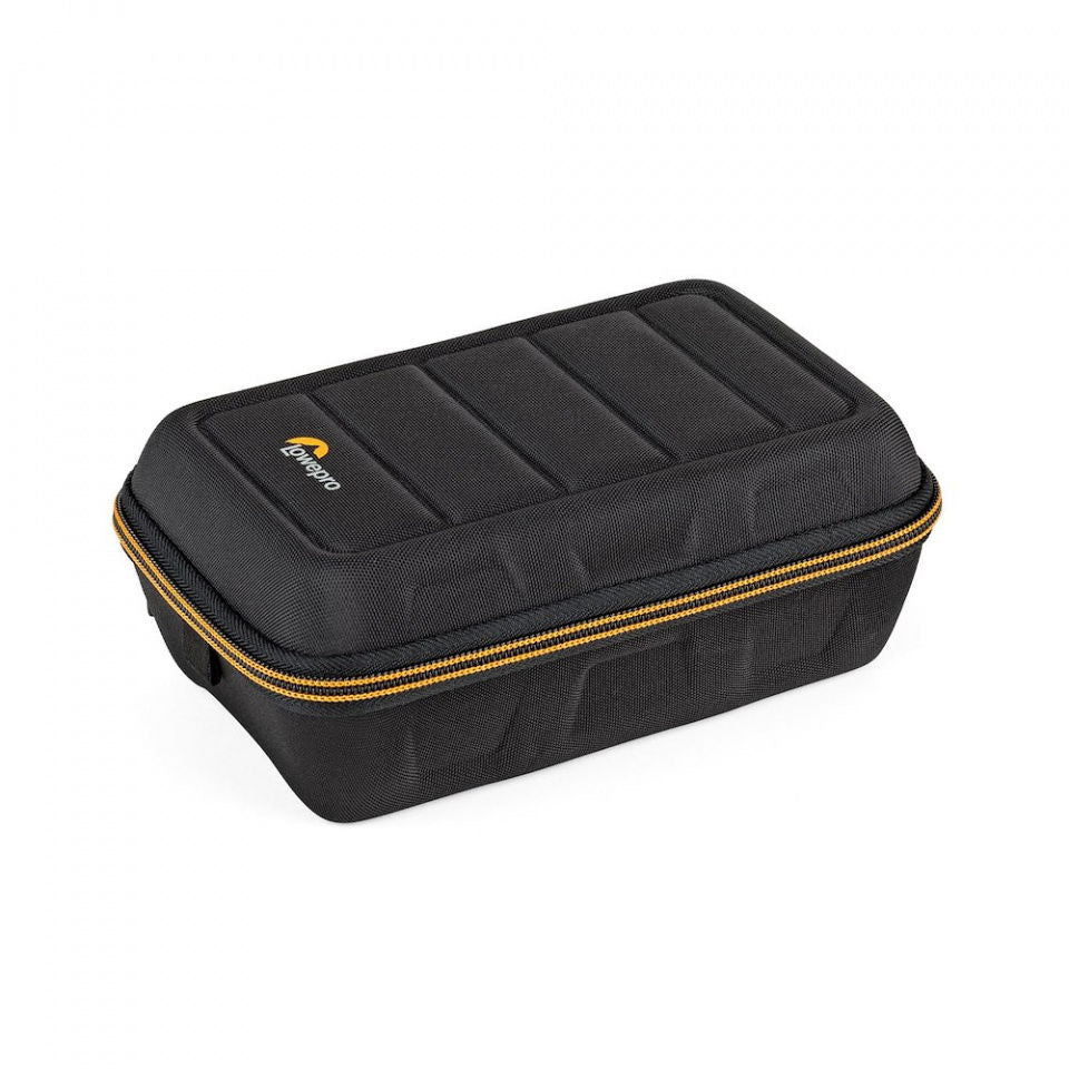Black rigid camera case with zip-around opening and orange trim, molded top