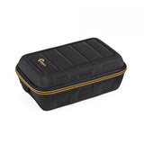 Black rigid camera case with zip-around opening and orange trim, molded top