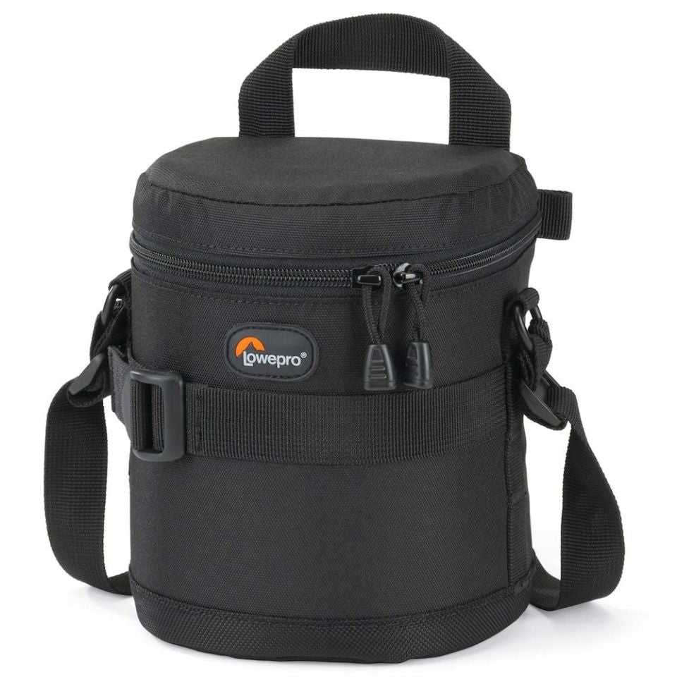 Black camera lens pouch, 11x14cm, top handle and shoulder strap, zip closure