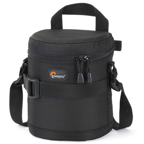 Black camera lens pouch, 11x14cm, top handle and shoulder strap, zip closure