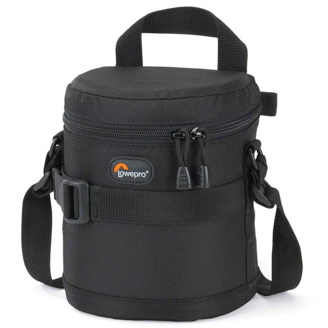 Black camera lens pouch, 11x14cm, top handle and shoulder strap, zip closure