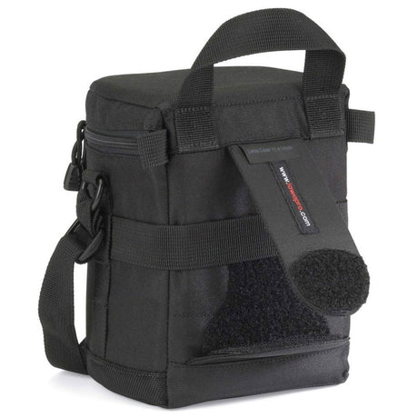Black lens pouch with side carry strap, front webbing panels, and hook-and-loop pad