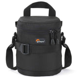 Black camera lens case with front logo patch, strap loops, and front zip pocket