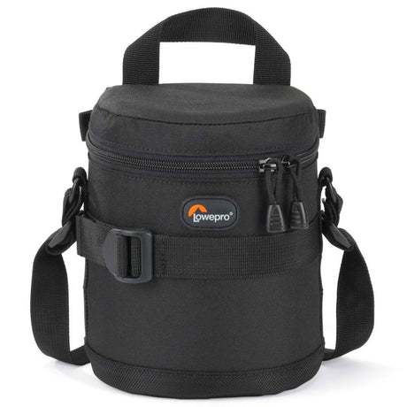 Black camera lens case with front logo patch, strap loops, and front zip pocket