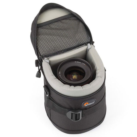 Open black lens pouch with padded interior and elastic bands, zippered top opening