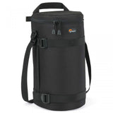 Husă obiectiv 13×32 cm, neagră, vedere laterală cu catarame și buzunar frontal
