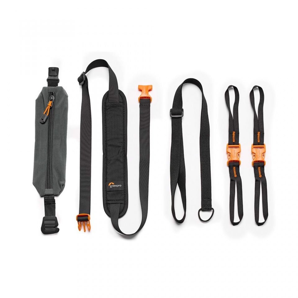 Accessory belt kit with zip pouch, adjustable straps and orange buckles