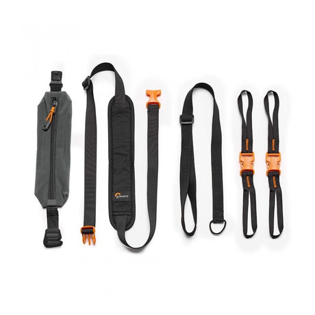 Accessory belt kit with zip pouch, adjustable straps and orange buckles