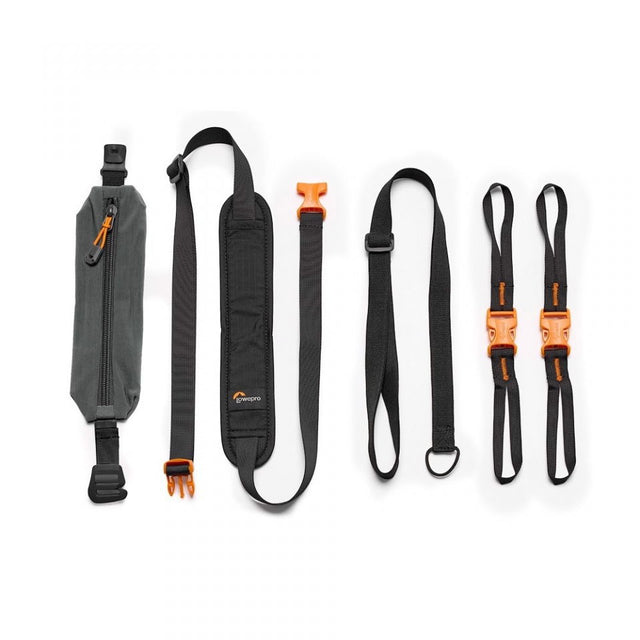 Accessory belt kit with zip pouch, adjustable straps and orange buckles