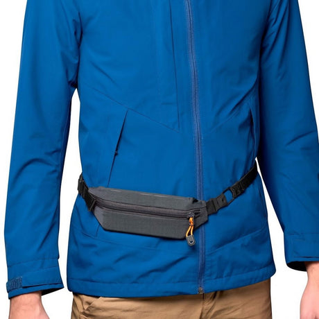 Zip pouch waist belt with adjustable strap and orange zipper pull tabs