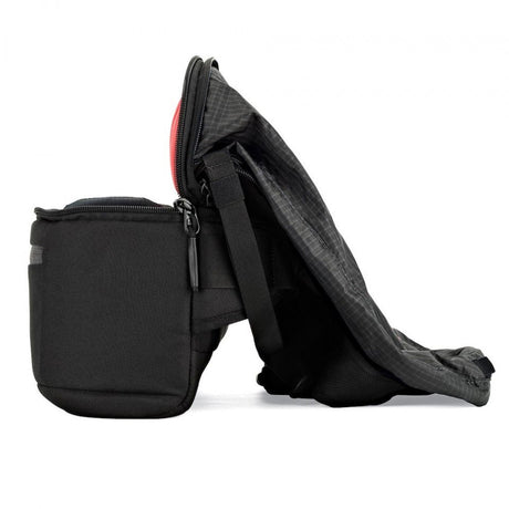 Side view of convertible backpack with front zip pocket and adjustable shoulder strap