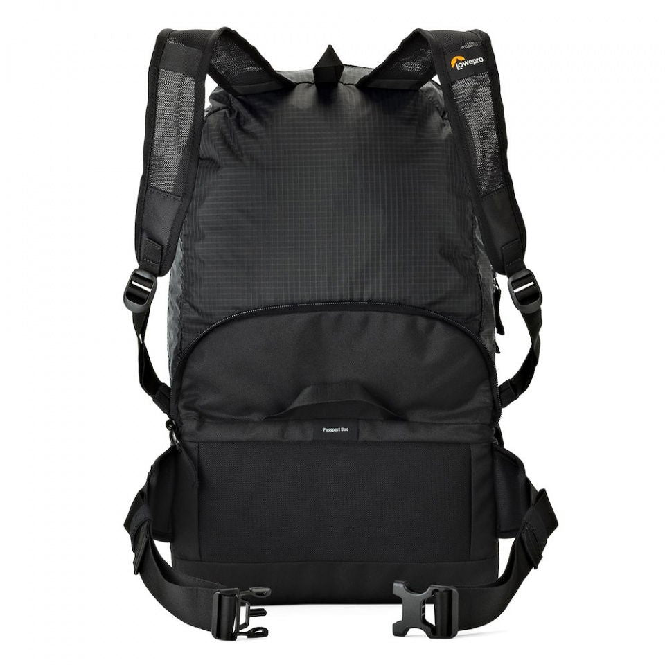 Convertible backpack back view with padded shoulder straps and top handle, dark fabric