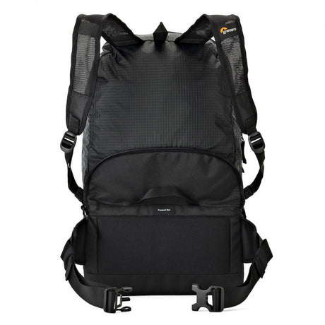 Convertible backpack back view with padded shoulder straps and top handle, dark fabric