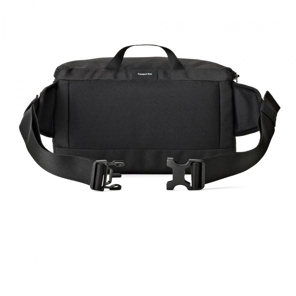 Convertible backpack laid open view with dual straps and front flap buckles, black fabric