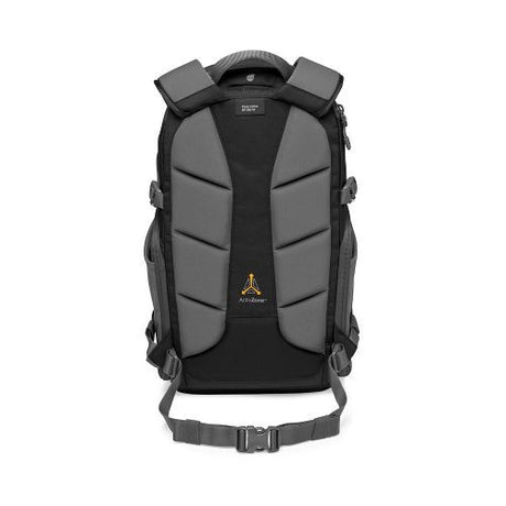 Rucsac foto Lowepro, față, design acolțit și bretele late, gri-negru