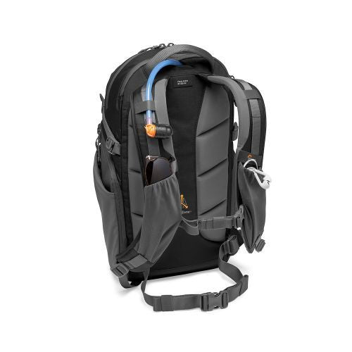Black photo backpack front view with gray interior panels and adjustable chest strap