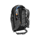 Black photo backpack front view with gray interior panels and adjustable chest strap