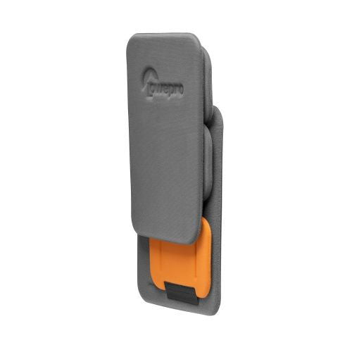 Gray camera backpack cover/sleeve with orange inner panel and zippered flap