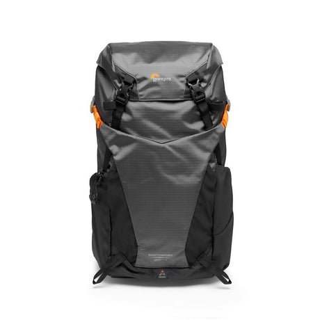 Black photo backpack back view with adjustable straps and rain-cover flap, 15L