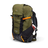 Olive and black camera backpack with orange straps, front webbing and logo patch