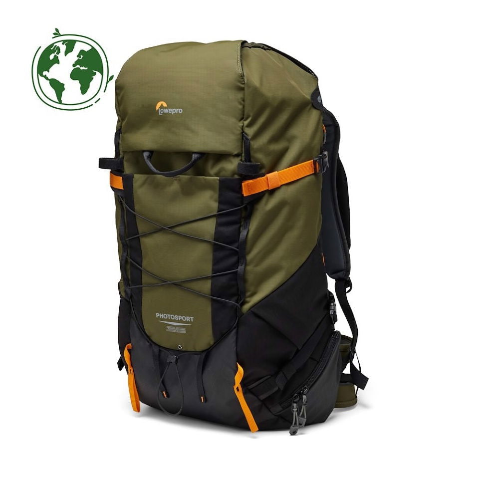 Olive camera backpack with orange cross strap and black paneling, rear view