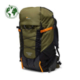 Olive camera backpack with orange cross strap and black paneling, rear view