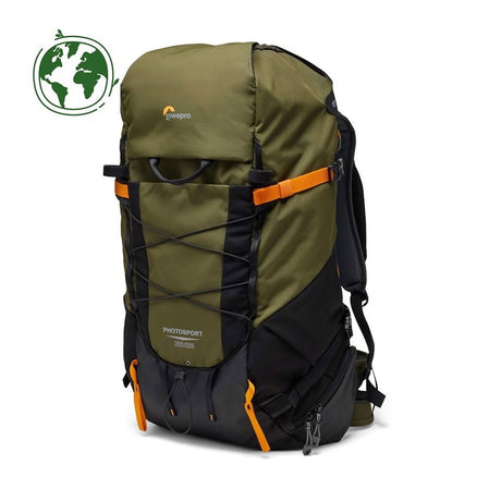 Olive camera backpack with orange cross strap and black paneling, rear view